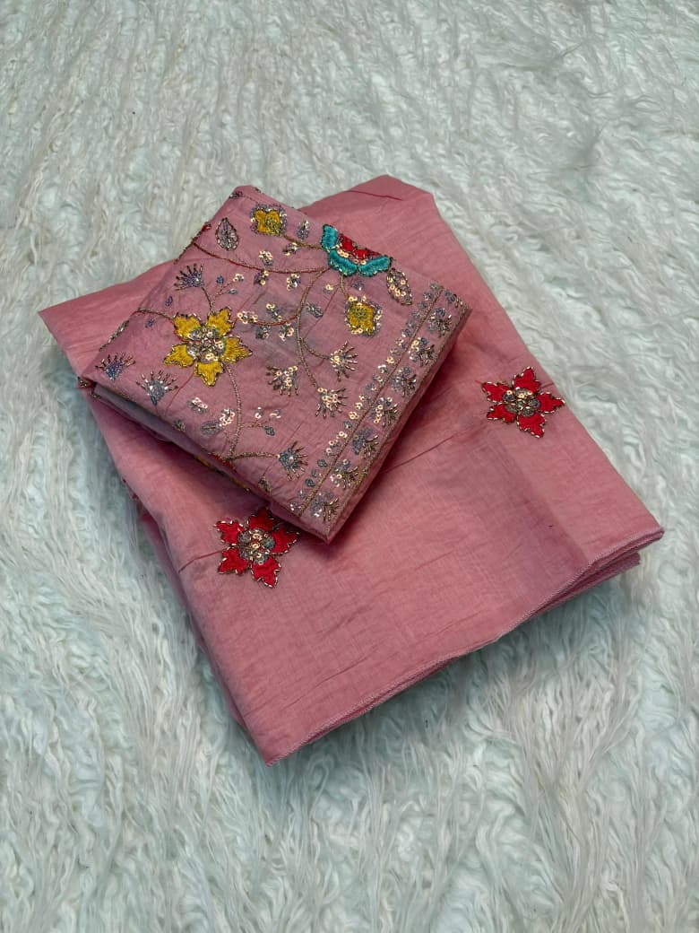 Mul Cotton Saree with Beads & Thread Work