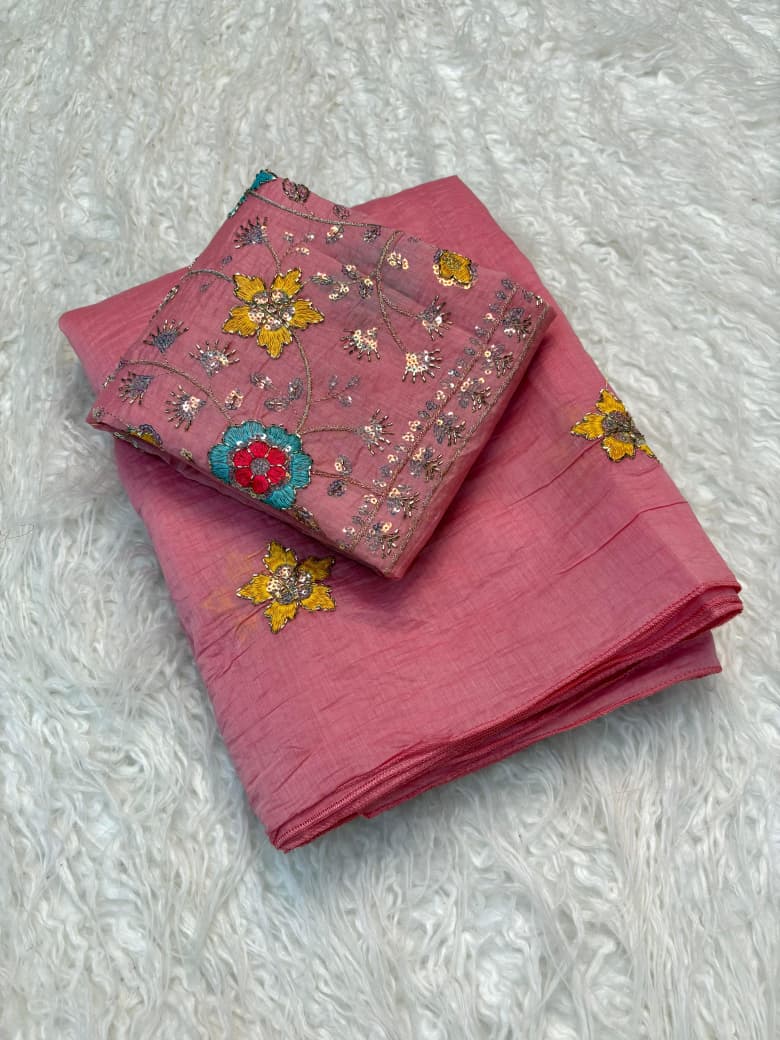 Mul Cotton Saree with Beads & Thread Work