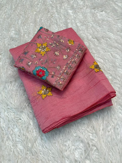 Mul Cotton Saree with Beads & Thread Work