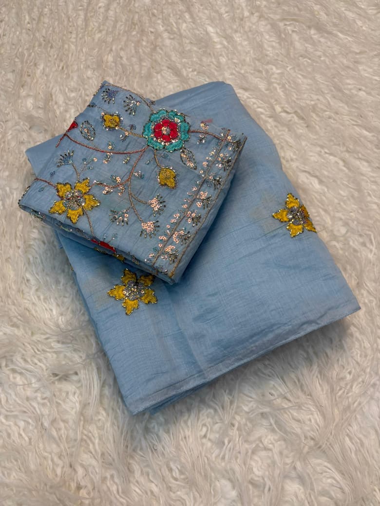 Mul Cotton Saree with Beads & Thread Work