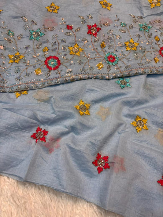 Mul Cotton Saree with Beads & Thread Work