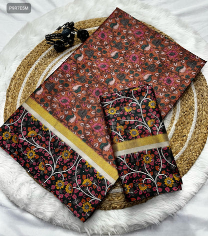 Mul Mul Cotton Digital Print Saree with Running Blouse & Gold Zari Border