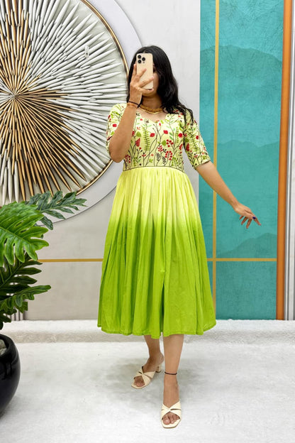 Mul Mul Cotton Dual Color Frock Gown with Embroidery Work
