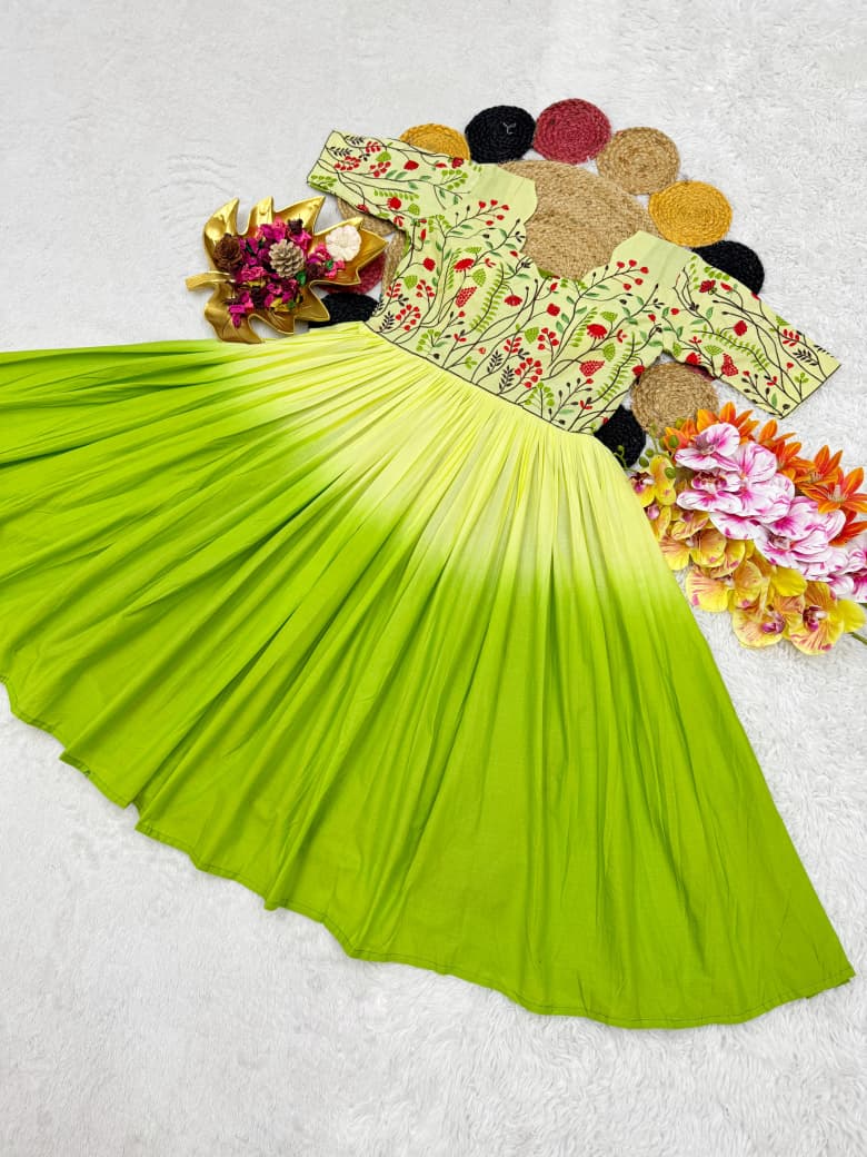 Mul Mul Cotton Dual Color Frock Gown with Embroidery Work