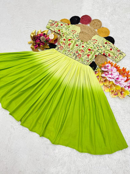 Mul Mul Cotton Dual Color Frock Gown with Embroidery Work