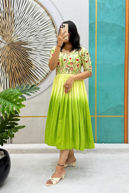 Mul Mul Cotton Dual Color Frock Gown with Embroidery Work