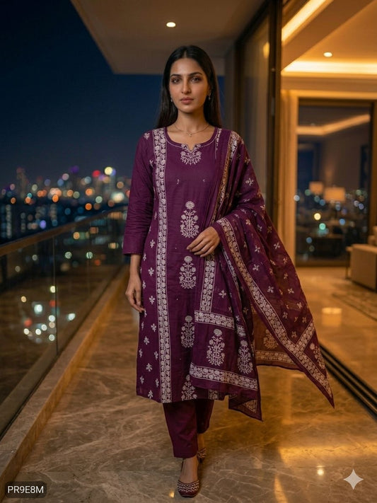 Mul Mul Cotton Kurti Pant Dupatta 3 Piece Set for Women