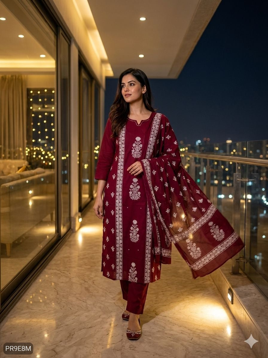 Mul Mul Cotton Kurti Pant Dupatta 3 Piece Set for Women