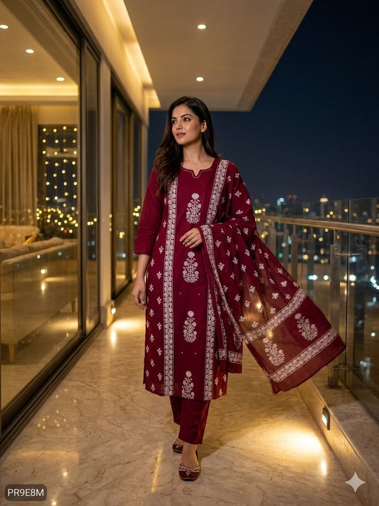 Mul Mul Cotton Kurti Pant Dupatta 3 Piece Set for Women