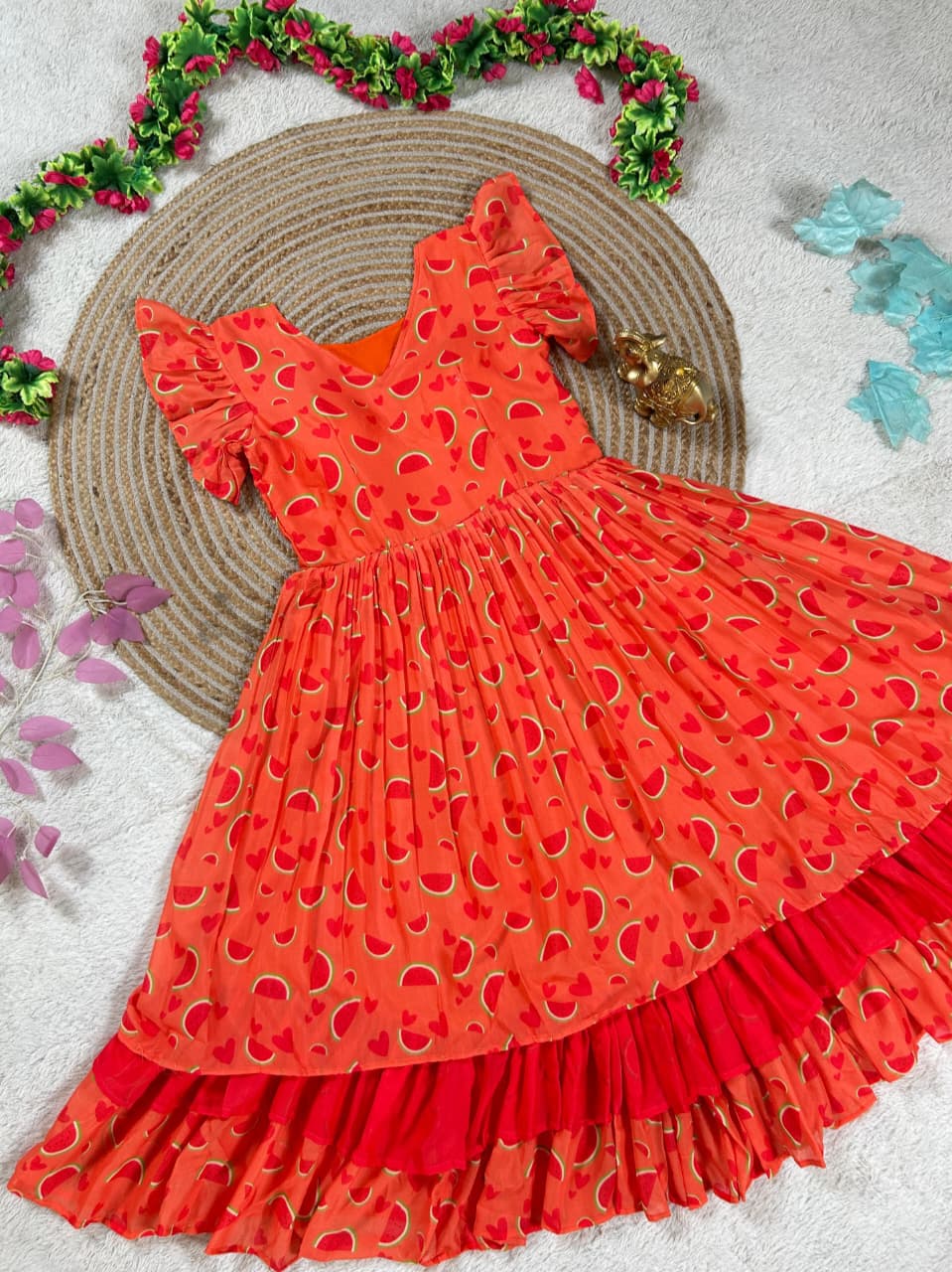 Mul-Mul Cotton Printed Midi Gown with Flare – 45 Inch