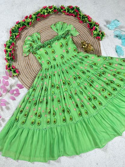 Mul-Mul Cotton Printed Midi Gown with Flare – 45 Inch