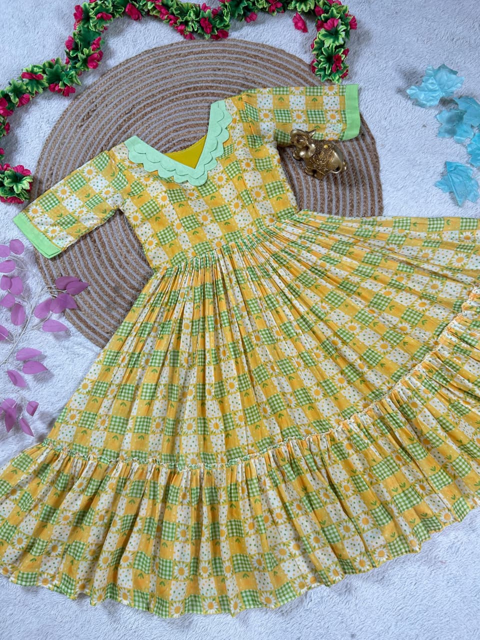 Mul-Mul Cotton Printed Midi Gown with Flare – 45 Inch