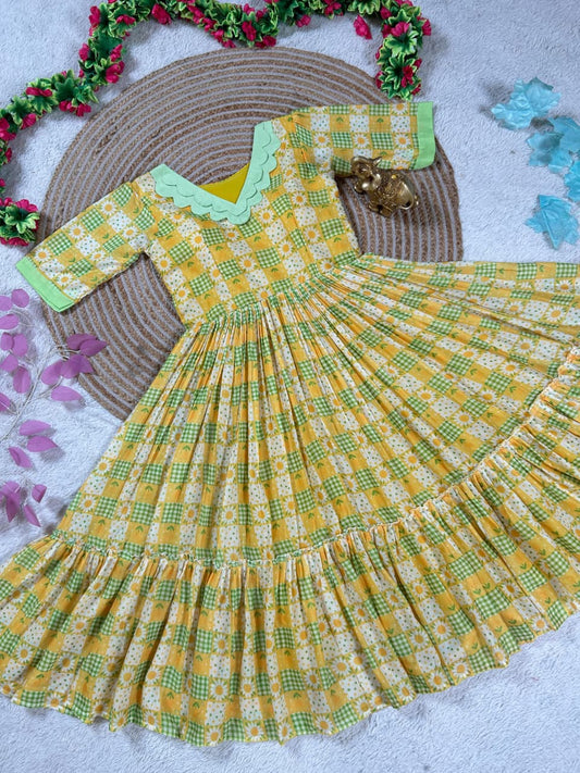 Mul-Mul Cotton Printed Midi Gown with Flare – 45 Inch