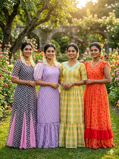 Mul-Mul Cotton Printed Midi Gown with Flare – 45 Inch