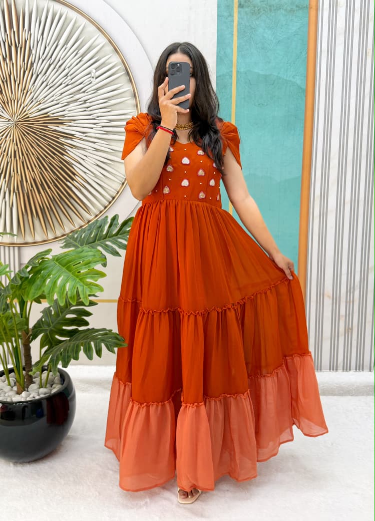 Mull Cotton Gown with Maggam Work – 54 Inch Length