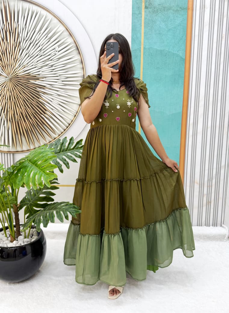 Mull Cotton Gown with Maggam Work – 54 Inch Length