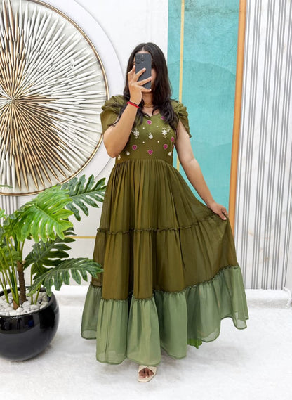 Mull Cotton Gown with Maggam Work – 54 Inch Length