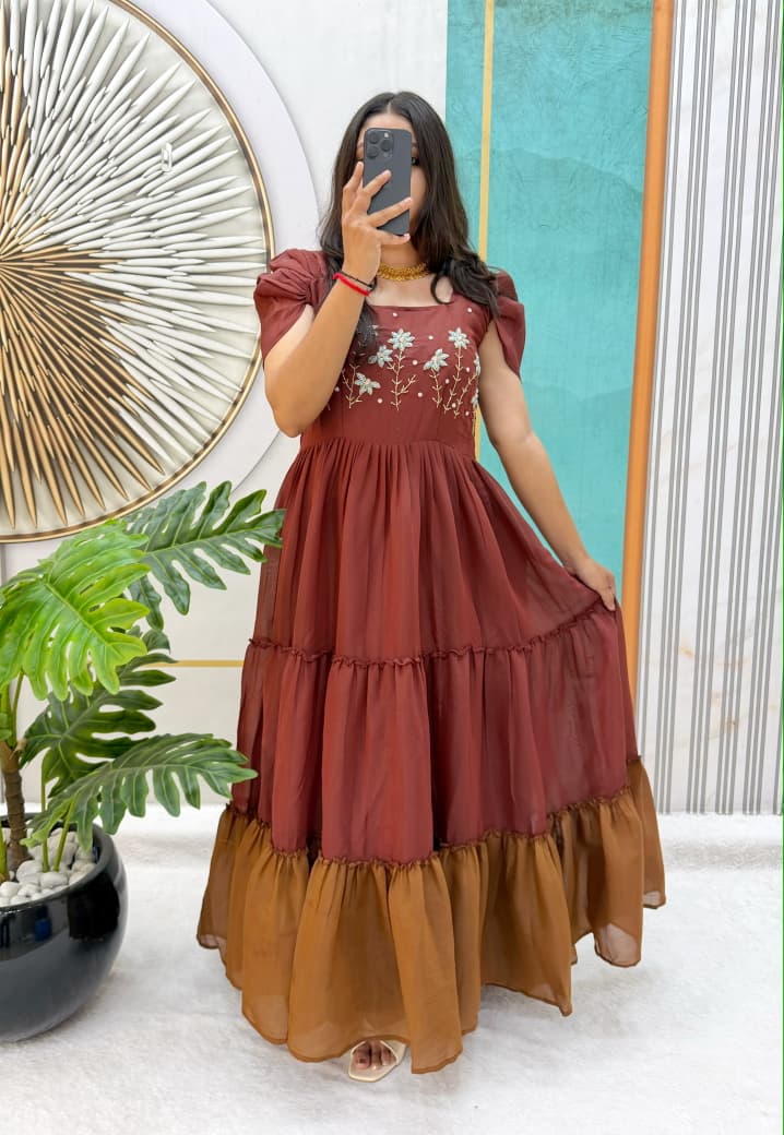 Mull Cotton Gown with Maggam Work – 54 Inch Length