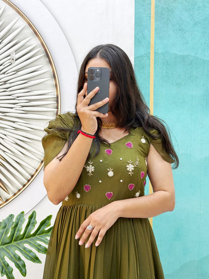 Mull Cotton Gown with Maggam Work – 54 Inch Length