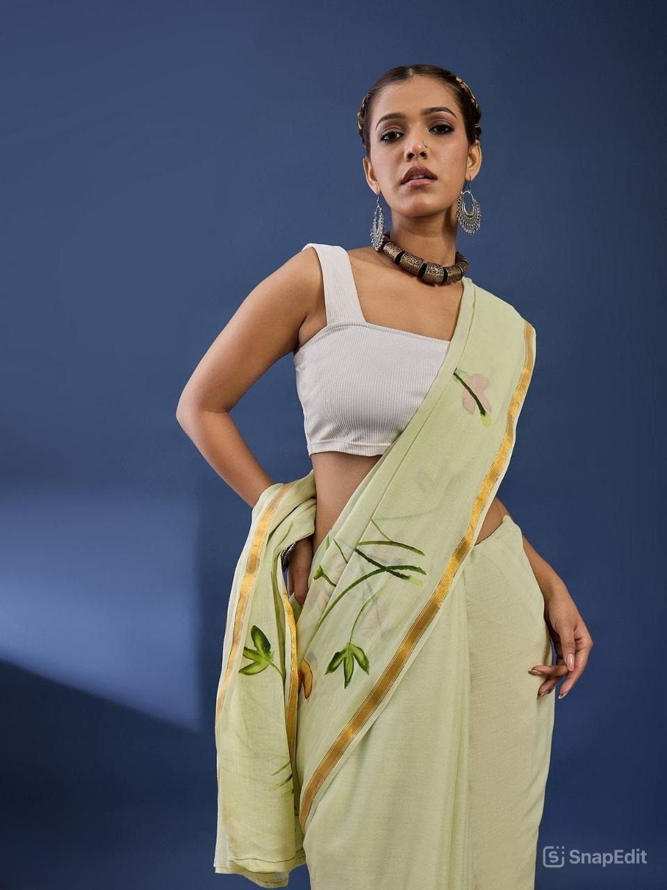 Mulmul Cotton Saree with Floral Brush Print & Zari Border | With Blouse