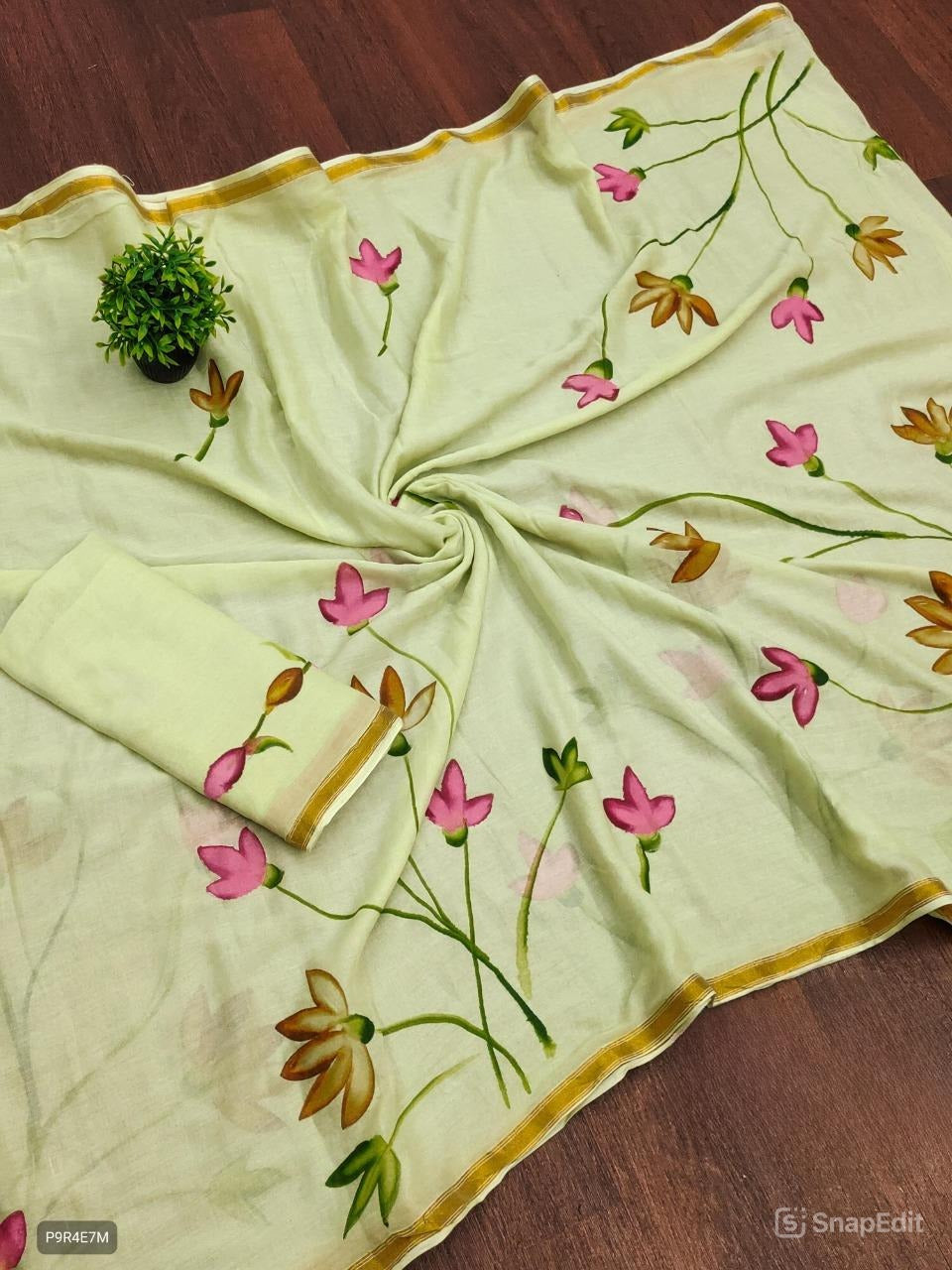 Mulmul Cotton Saree with Floral Brush Print & Zari Border | With Blouse
