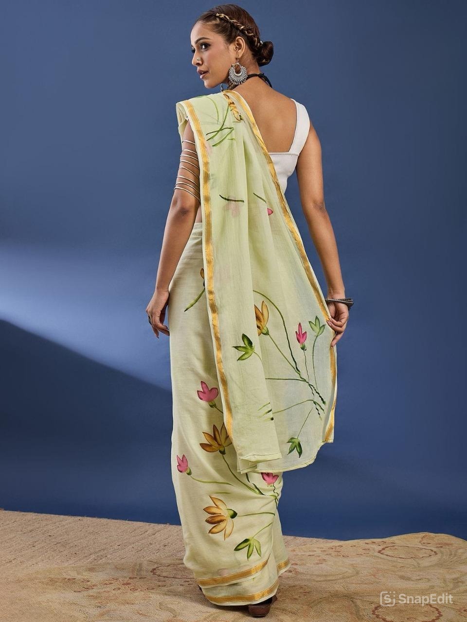 Mulmul Cotton Saree with Floral Brush Print & Zari Border | With Blouse