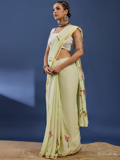 Mulmul Cotton Saree with Floral Brush Print & Zari Border | With Blouse