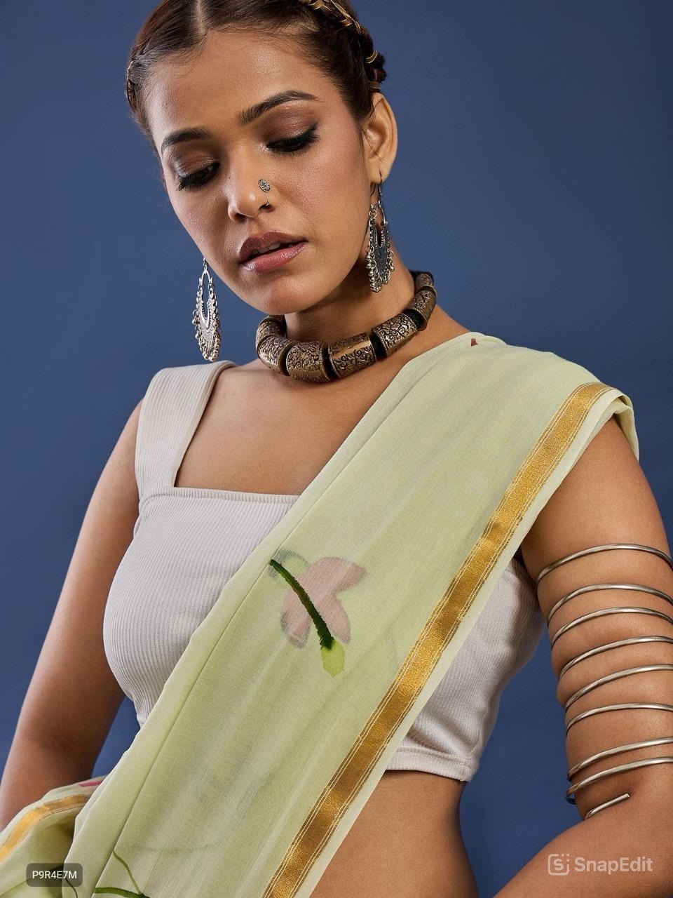 Mulmul Cotton Saree with Floral Brush Print & Zari Border | With Blouse