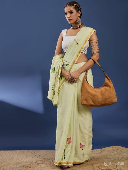 Mulmul Cotton Saree with Floral Brush Print & Zari Border | With Blouse