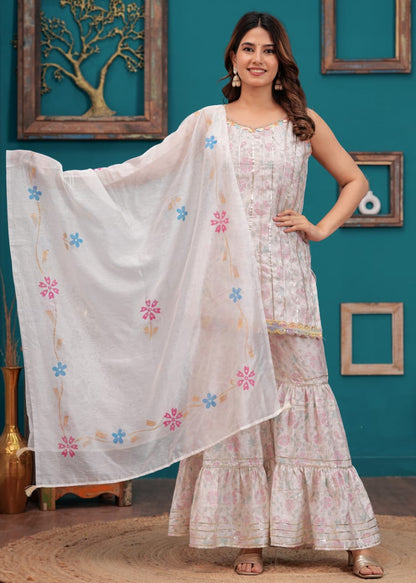 Muslin Short Kurti with Sharara & Chanderi Dupatta Set - Digital Foil Print