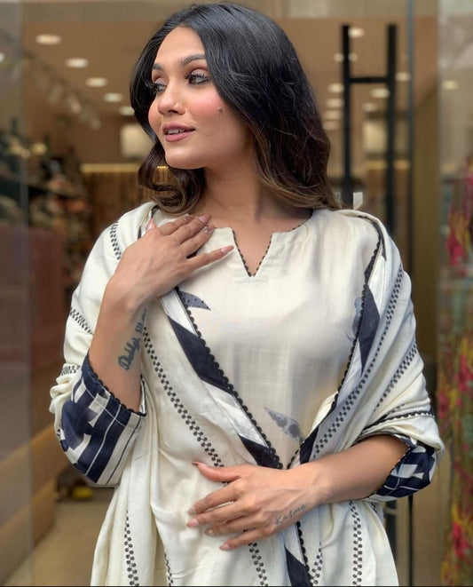 Muslin Suit Set with Floral Print & Lace Detailing, Pant & Dupatta