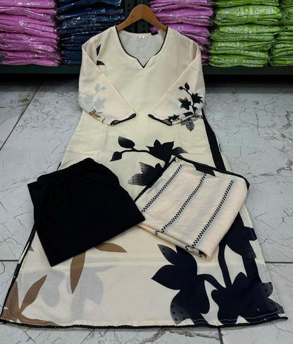 Muslin Suit Set with Floral Print & Lace Detailing, Pant & Dupatta