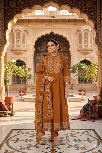 Mustard Cotton Flared Anarkali Suit Set with Printed Dupatta