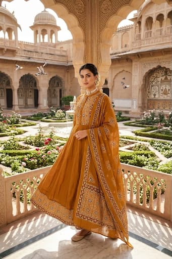 Mustard Cotton Flared Anarkali Suit Set with Printed Dupatta