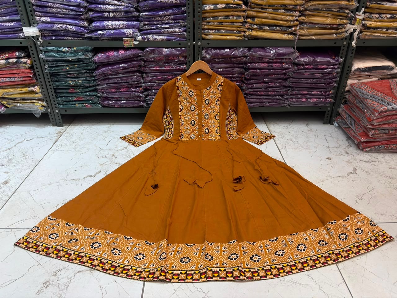 Mustard Cotton Flared Anarkali Suit Set with Printed Dupatta