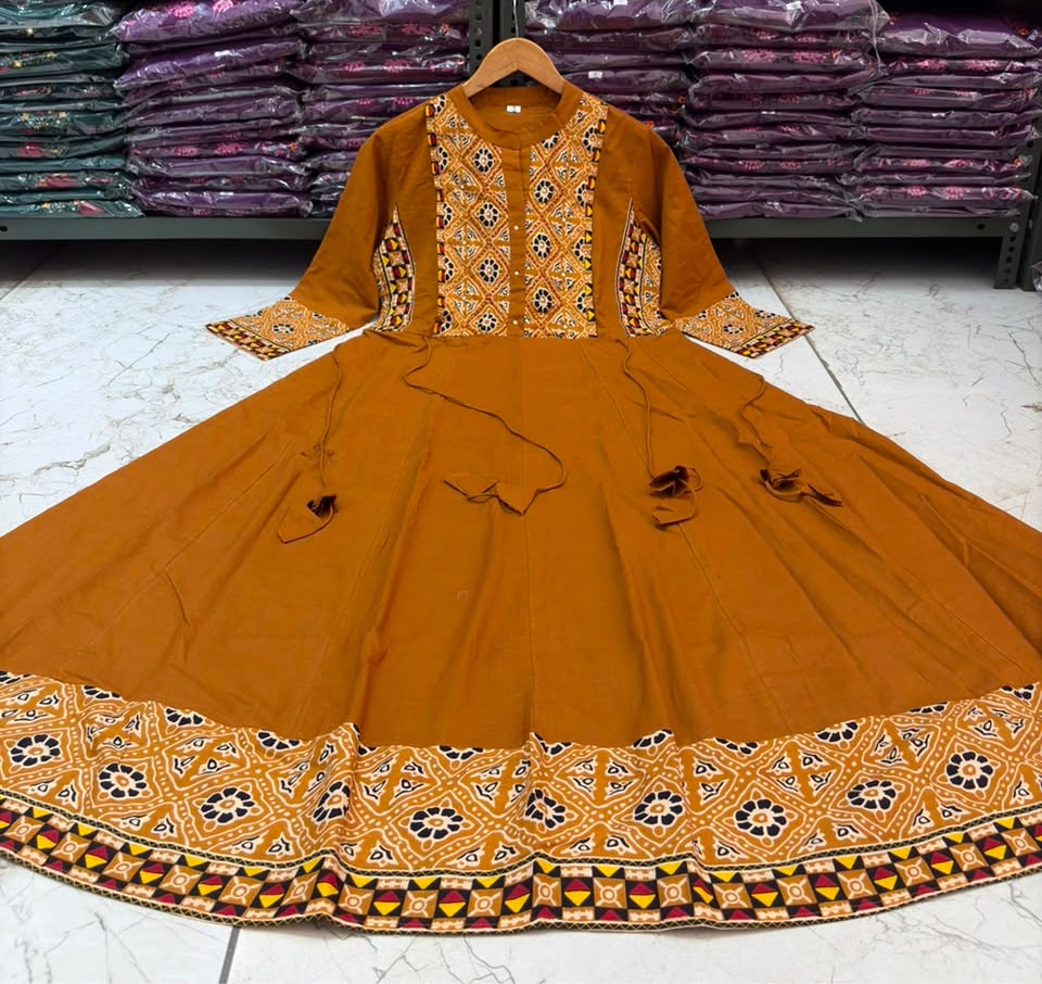 Mustard Cotton Flared Anarkali Suit Set with Printed Dupatta
