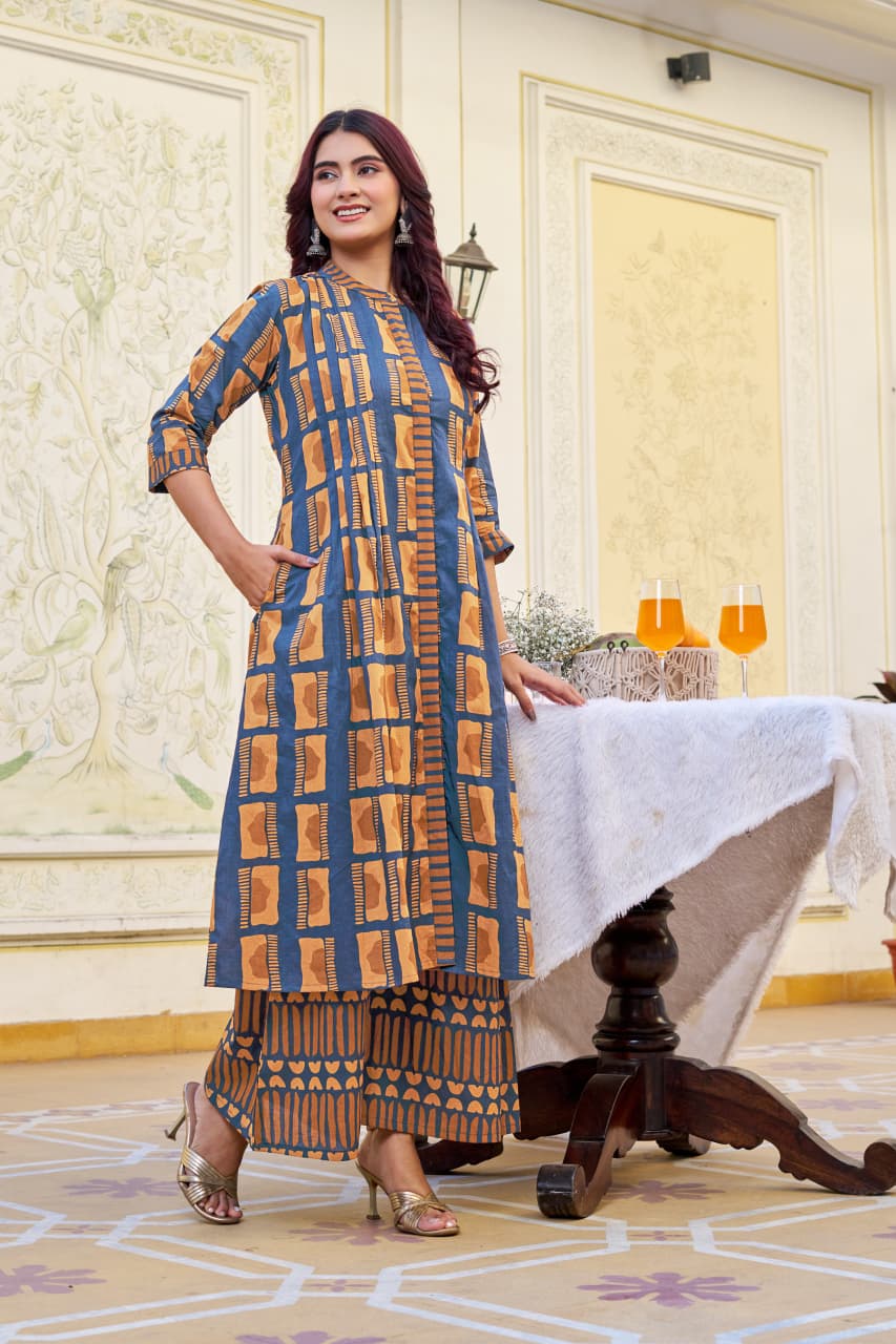 Mustard Cotton Kurta with Plazo Set – 48” Long Kurti