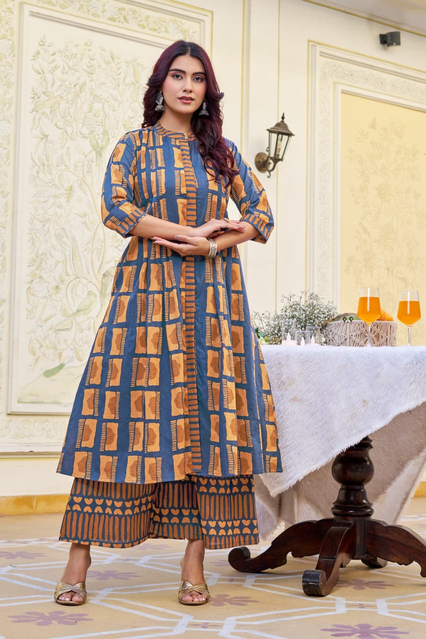 Mustard Cotton Kurta with Plazo Set – 48” Long Kurti