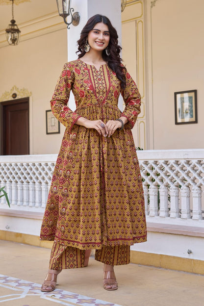 Mustard Cotton Readymade Kurta with Palazzo Set | Full Sleeves & 3 Mtr Flair