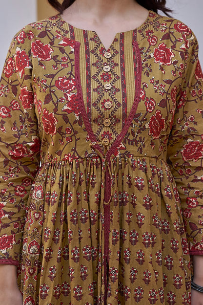 Mustard Cotton Readymade Kurta with Palazzo Set | Full Sleeves & 3 Mtr Flair