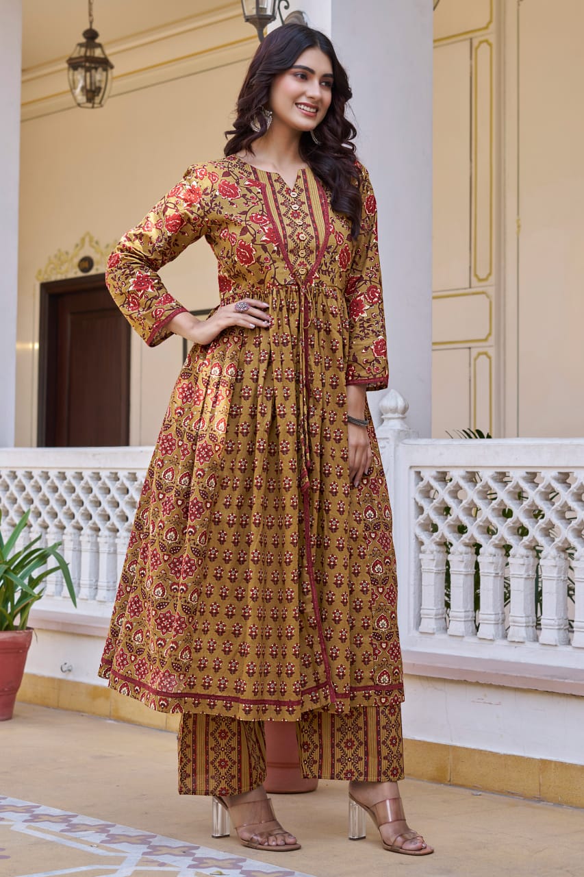 Mustard Cotton Readymade Kurta with Palazzo Set | Full Sleeves & 3 Mtr Flair