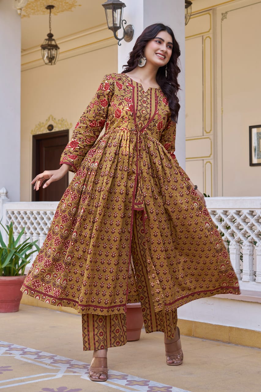 Mustard Cotton Readymade Kurta with Palazzo Set | Full Sleeves & 3 Mtr Flair