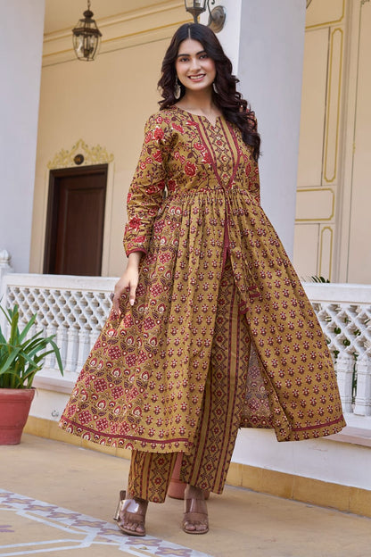 Mustard Cotton Readymade Kurta with Palazzo Set | Full Sleeves & 3 Mtr Flair
