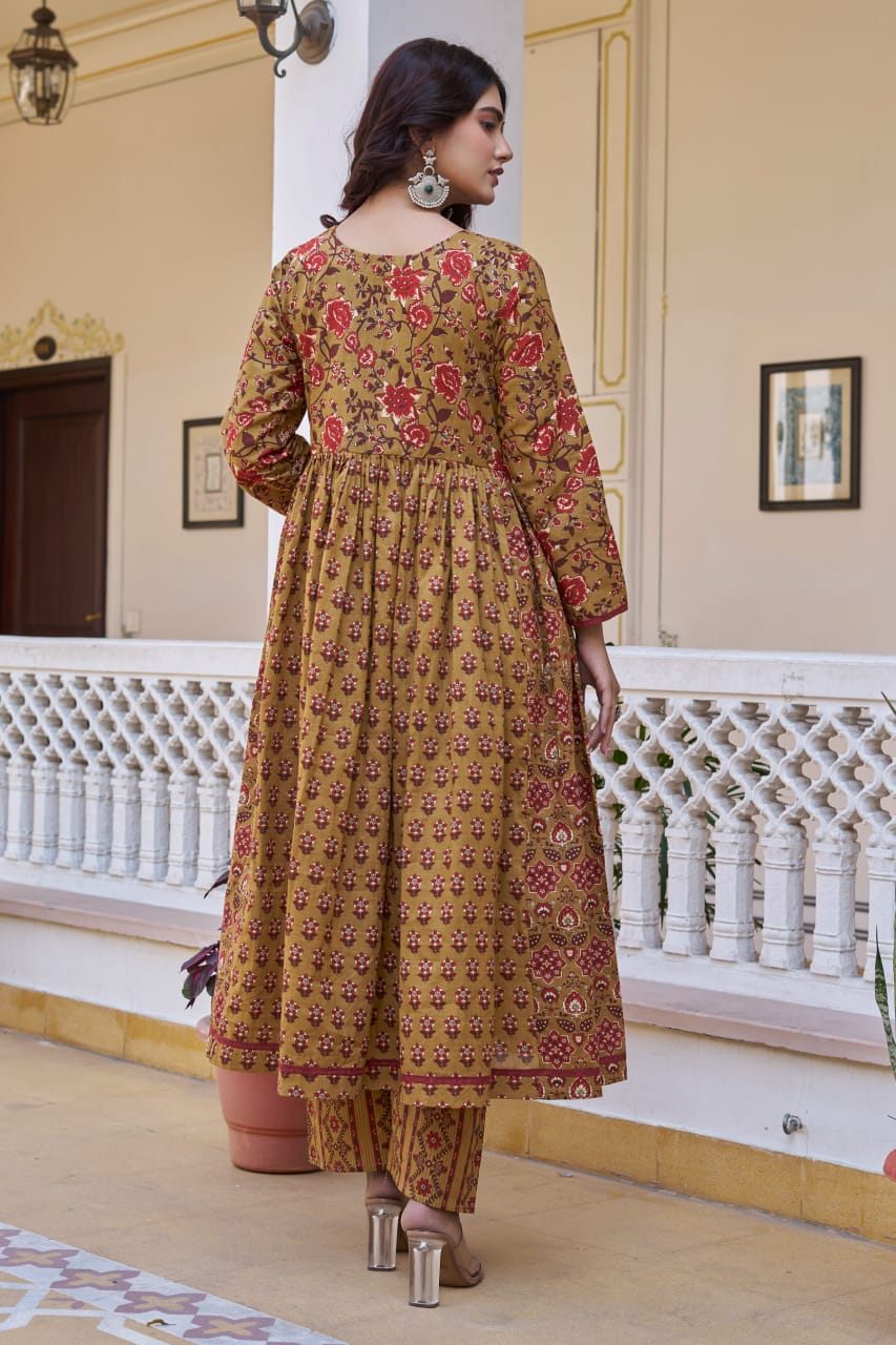 Mustard Cotton Readymade Kurta with Palazzo Set | Full Sleeves & 3 Mtr Flair