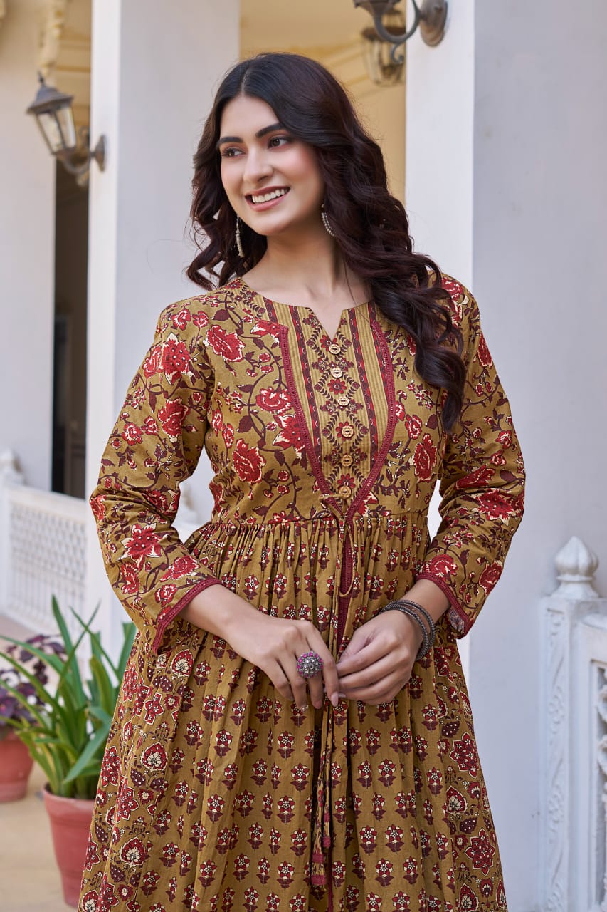 Mustard Cotton Readymade Kurta with Palazzo Set | Full Sleeves & 3 Mtr Flair