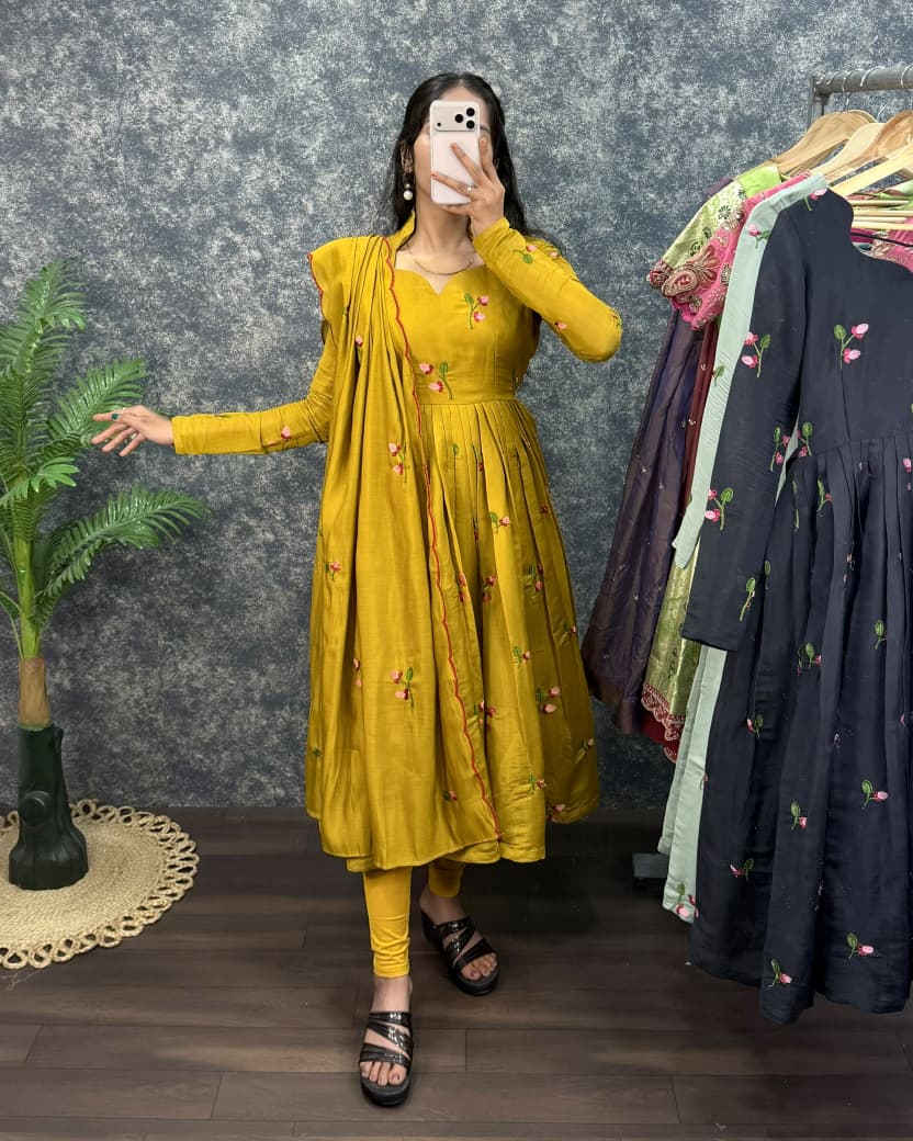Mustard South Mull Chanderi Anarkali Kurta with Dupatta
