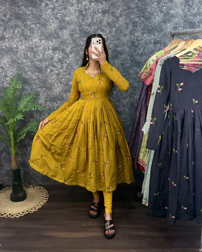 Mustard South Mull Chanderi Anarkali Kurta with Dupatta