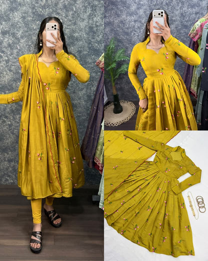 Mustard South Mull Chanderi Anarkali Kurta with Dupatta