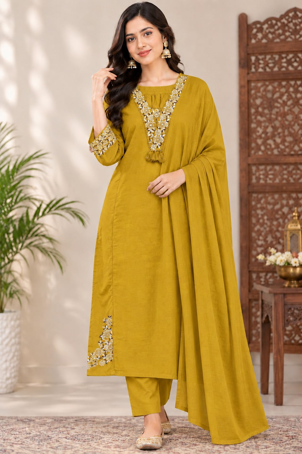 Mustard Yellow Cotton Suit Set with Silver Zari Thread Work