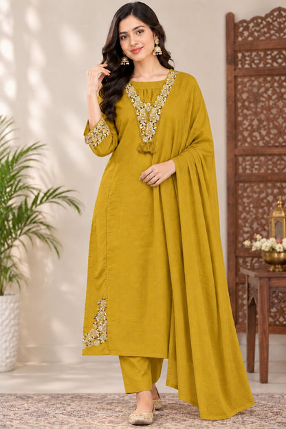 Mustard Yellow Cotton Suit Set with Silver Zari Thread Work